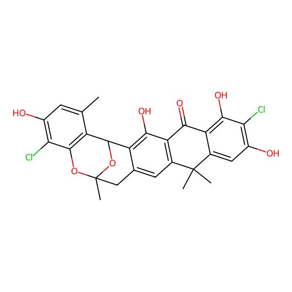 2D Structure of (17R)-8,20-dichloro-3,7,9,21-tetrahydroxy-12,12,17,23-tetramethyl-18,25-dioxahexacyclo[15.7.1.02,15.04,13.06,11.019,24]pentacosa-2,4(13),6,8,10,14,19(24),20,22-nonaen-5-one