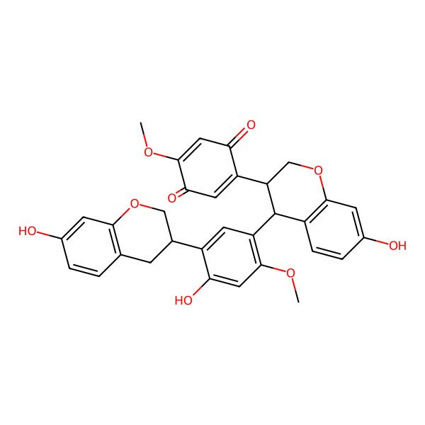 2D Structure of 2-[(3R,4S)-7-hydroxy-4-[4-hydroxy-5-[(3R)-7-hydroxy-3,4-dihydro-2H-chromen-3-yl]-2-methoxyphenyl]-3,4-dihydro-2H-chromen-3-yl]-5-methoxycyclohexa-2,5-diene-1,4-dione