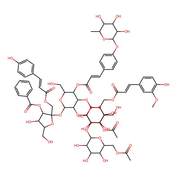 2D Structure of [(2S,3S,4R,5R)-2-[(2R,3R,4S,5R,6R)-4-[(2S,3R,4R,5R,6R)-5-acetyloxy-4-[(2S,3R,4S,5S,6R)-6-(acetyloxymethyl)-3,4,5-trihydroxyoxan-2-yl]oxy-3-hydroxy-6-(hydroxymethyl)oxan-2-yl]oxy-6-(hydroxymethyl)-3-[(2S,3R,4S,5S,6R)-3,4,5-trihydroxy-6-[[(E)-3-(4-hydroxy-3-methoxyphenyl)prop-2-enoyl]oxymethyl]oxan-2-yl]oxy-5-[(E)-3-[4-[(2S,3R,4R,5R,6S)-3,4,5-trihydroxy-6-methyloxan-2-yl]oxyphenyl]prop-2-enoyl]oxyoxan-2-yl]oxy-4-hydroxy-5-(hydroxymethyl)-2-[[(E)-3-(4-hydroxyphenyl)prop-2-enoyl]oxymethyl]oxolan-3-yl] benzoate