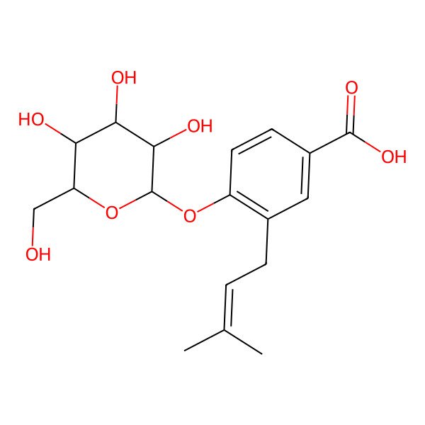 2D Structure of 3-(3-methylbut-2-enyl)-4-[(2S,3R,4S,5S,6R)-3,4,5-trihydroxy-6-(hydroxymethyl)oxan-2-yl]oxybenzoic acid