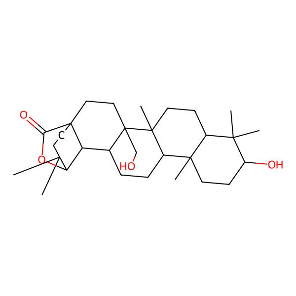 2D Structure of 10-Hydroxy-4-(hydroxymethyl)-5,9,9,13,20,20-hexamethyl-24-oxahexacyclo[17.3.2.01,18.04,17.05,14.08,13]tetracosan-23-one