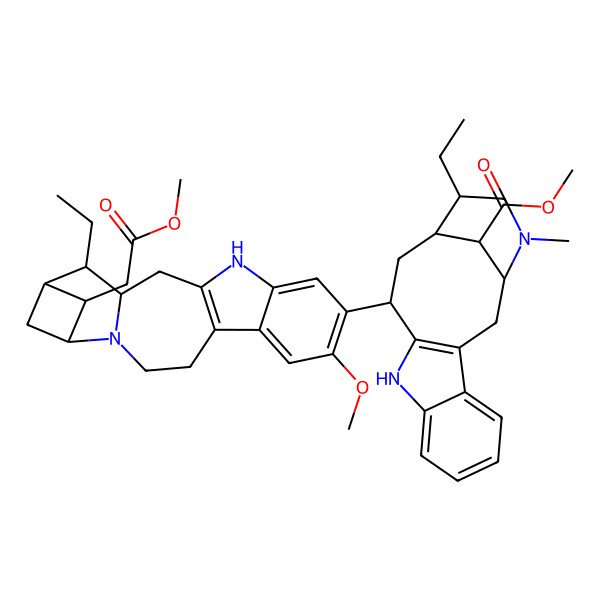 2D Structure of Methyl 15-ethyl-12-[16-ethyl-8-methoxy-18-(2-methoxy-2-oxoethyl)-2,12-diazapentacyclo[15.1.1.02,15.05,13.06,11]nonadeca-5(13),6,8,10-tetraen-9-yl]-17-methyl-10,17-diazatetracyclo[12.3.1.03,11.04,9]octadeca-3(11),4,6,8-tetraene-18-carboxylate