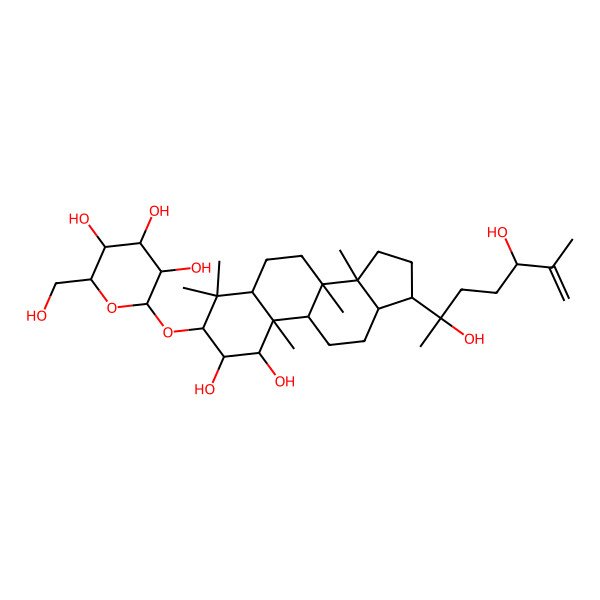 2D Structure of 2-[[17-(2,5-dihydroxy-6-methylhept-6-en-2-yl)-1,2-dihydroxy-4,4,8,10,14-pentamethyl-2,3,5,6,7,9,11,12,13,15,16,17-dodecahydro-1H-cyclopenta[a]phenanthren-3-yl]oxy]-6-(hydroxymethyl)oxane-3,4,5-triol