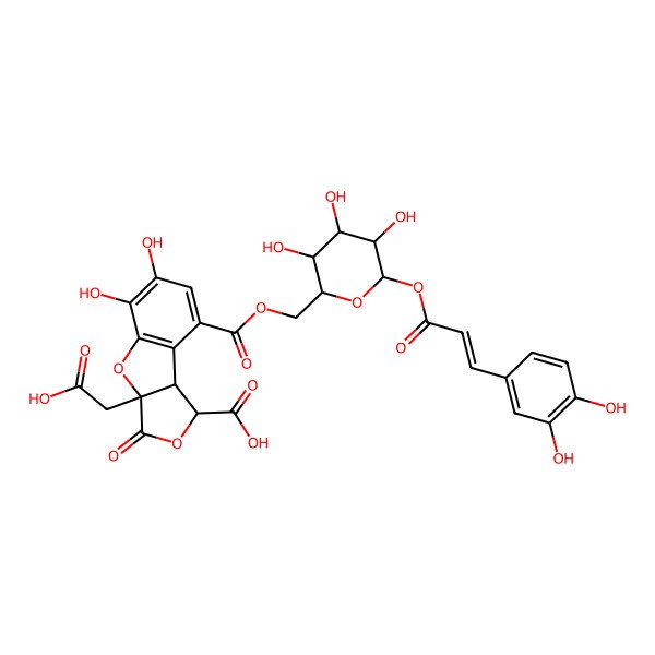 2D Structure of (1R,3aR,8bR)-3a-(carboxymethyl)-8-[[(2R,3S,4S,5R,6S)-6-[(E)-3-(3,4-dihydroxyphenyl)prop-2-enoyl]oxy-3,4,5-trihydroxyoxan-2-yl]methoxycarbonyl]-5,6-dihydroxy-3-oxo-1,8b-dihydrofuro[3,4-b][1]benzofuran-1-carboxylic acid