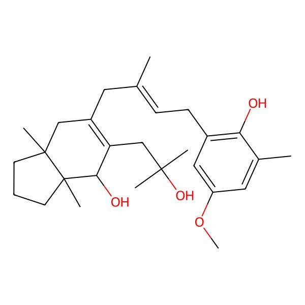 2D Structure of (3aS,4R,7aR)-6-[(E)-4-(2-hydroxy-5-methoxy-3-methylphenyl)-2-methylbut-2-enyl]-5-(2-hydroxy-2-methylpropyl)-3a,7a-dimethyl-2,3,4,7-tetrahydro-1H-inden-4-ol