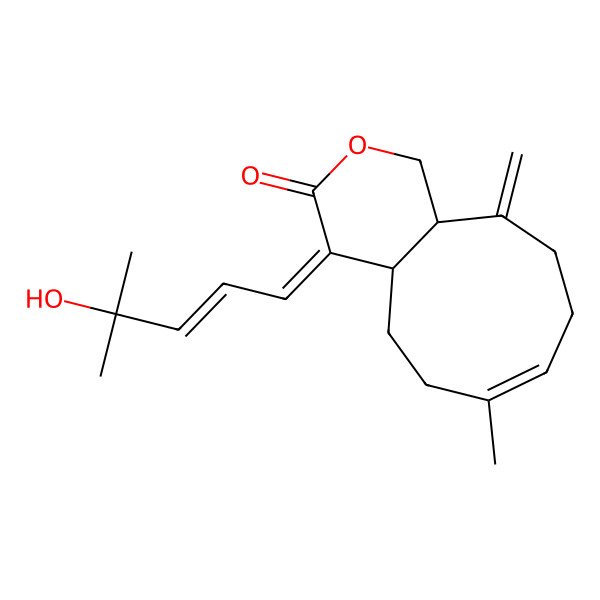 2D Structure of (4Z,4aS,7E,11aR)-4-[(E)-4-hydroxy-4-methylpent-2-enylidene]-7-methyl-11-methylidene-4a,5,6,9,10,11a-hexahydro-1H-cyclonona[c]pyran-3-one