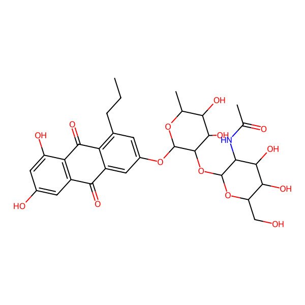 2D Structure of N-[2-[2-(5,7-dihydroxy-9,10-dioxo-4-propylanthracen-2-yl)oxy-4,5-dihydroxy-6-methyloxan-3-yl]oxy-4,5-dihydroxy-6-(hydroxymethyl)oxan-3-yl]acetamide