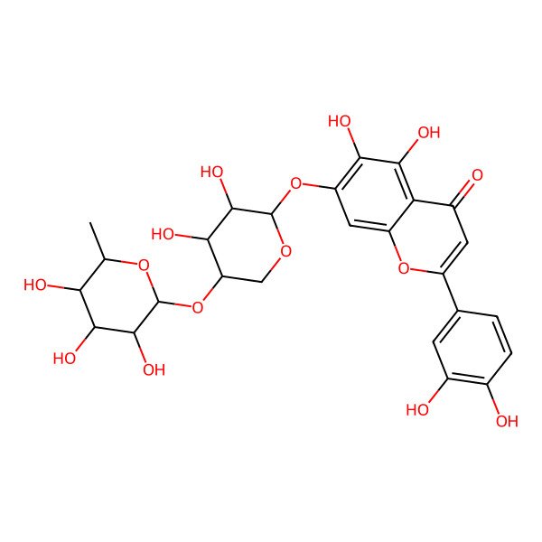 2D Structure of 2-(3,4-dihydroxyphenyl)-7-[(2R,3R,4S,5R)-3,4-dihydroxy-5-[(2S,3R,4S,5R,6S)-3,4,5-trihydroxy-6-methyloxan-2-yl]oxyoxan-2-yl]oxy-5,6-dihydroxychromen-4-one
