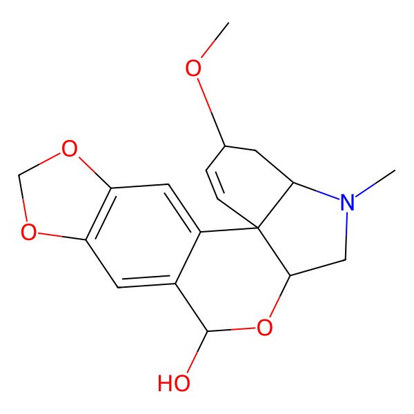 2D Structure of (1S,11S,13R,16S,18S)-18-methoxy-15-methyl-5,7,12-trioxa-15-azapentacyclo[11.7.0.01,16.02,10.04,8]icosa-2,4(8),9,19-tetraen-11-ol