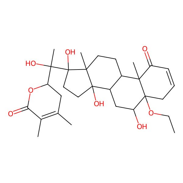 2D Structure of (2R)-2-[(1S)-1-[(5R,6R,8R,9S,10R,13S,14R,17S)-5-ethoxy-6,14,17-trihydroxy-10,13-dimethyl-1-oxo-6,7,8,9,11,12,15,16-octahydro-4H-cyclopenta[a]phenanthren-17-yl]-1-hydroxyethyl]-4,5-dimethyl-2,3-dihydropyran-6-one