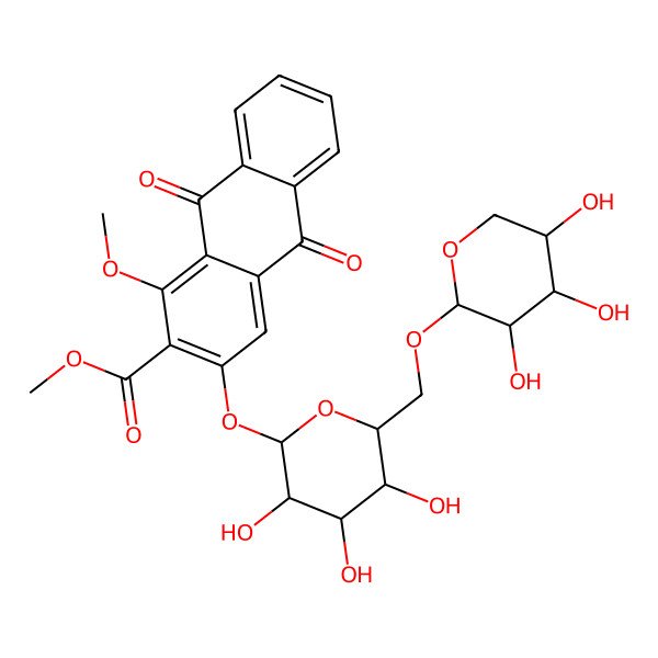 2D Structure of Methyl 1-methoxy-9,10-dioxo-3-[3,4,5-trihydroxy-6-[(3,4,5-trihydroxyoxan-2-yl)oxymethyl]oxan-2-yl]oxyanthracene-2-carboxylate