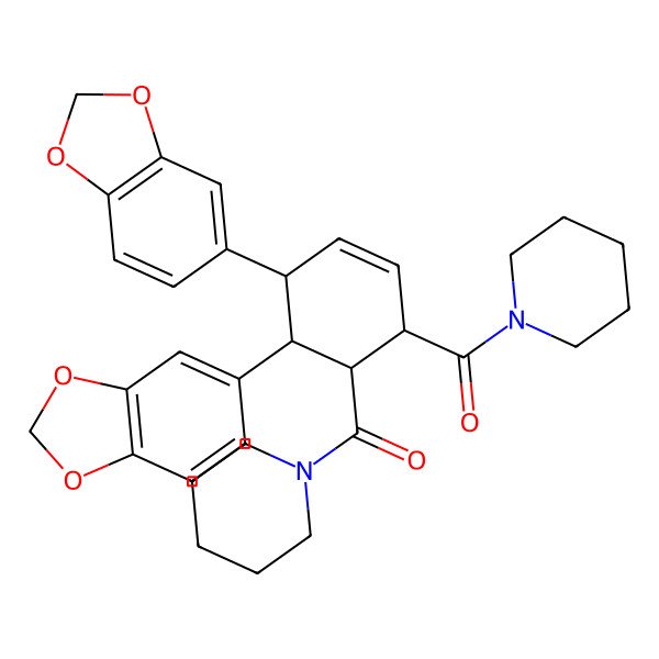2D Structure of [4,5-Bis(1,3-benzodioxol-5-yl)-6-(piperidine-1-carbonyl)cyclohex-2-en-1-yl]-piperidin-1-ylmethanone