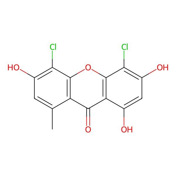 2D Structure of 4,5-Dichloro-1,3,6-trihydroxy-8-methyl-9H-xanthen-9-one