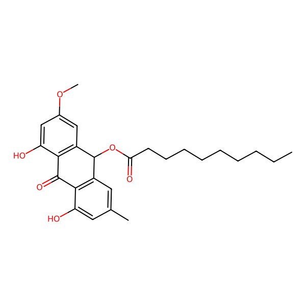 2D Structure of (4,5-dihydroxy-2-methoxy-7-methyl-10-oxo-9H-anthracen-9-yl) decanoate 2D Structure of (4,5-dihydroxy-2-methoxy-7-methyl-10-oxo-9H-anthracen-9-yl) decanoate