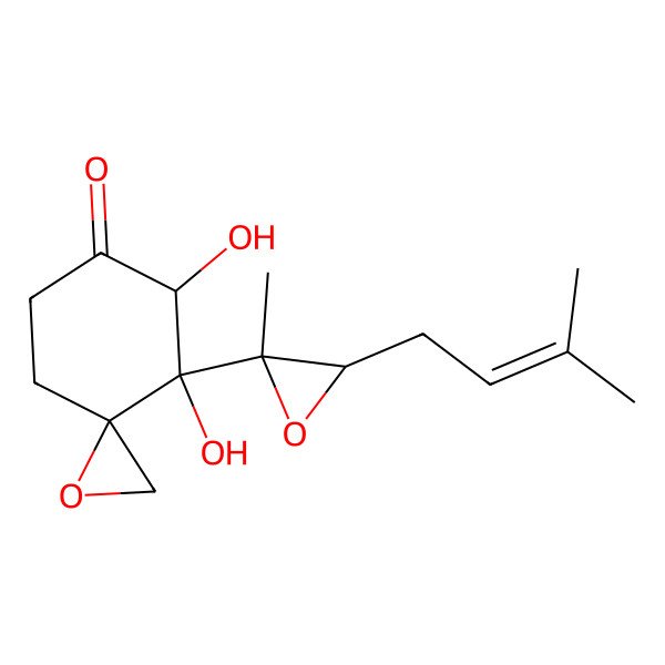 2D Structure of 4,5-Dihydroxy-4-[2-methyl-3-(3-methylbut-2-enyl)oxiran-2-yl]-1-oxaspiro[2.5]octan-6-one