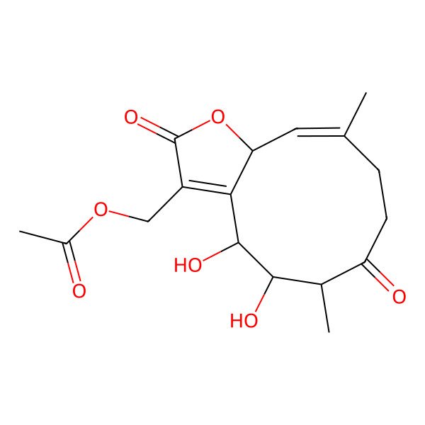2D Structure of (4,5-Dihydroxy-6,10-dimethyl-2,7-dioxo-4,5,6,8,9,11a-hexahydrocyclodeca[b]furan-3-yl)methyl acetate