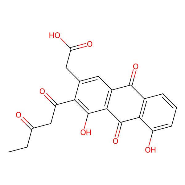 2D Structure of (4,5-Dihydroxy-9,10-dioxo-3-(3-oxopentanoyl)-9,10-dihydroanthracen-2-yl)acetic acid