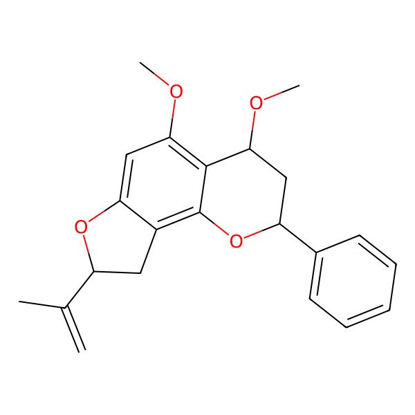 2D Structure of 4,5-dimethoxy-2-phenyl-8-prop-1-en-2-yl-3,4,8,9-tetrahydro-2H-furo[2,3-h]chromene