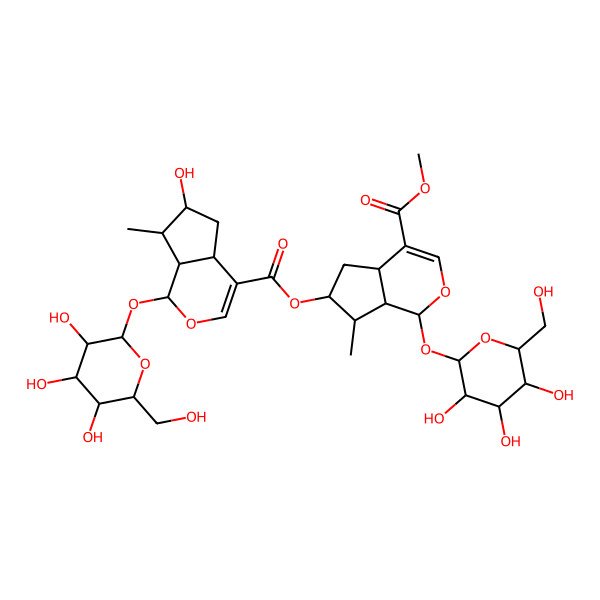 2D Structure of [(1S,4aS,6S,7R,7aS)-4-methoxycarbonyl-7-methyl-1-[(2S,3R,4S,5S,6R)-3,4,5-trihydroxy-6-(hydroxymethyl)oxan-2-yl]oxy-1,4a,5,6,7,7a-hexahydrocyclopenta[c]pyran-6-yl] (1S,4aS,6S,7R,7aS)-6-hydroxy-7-methyl-1-[(2S,3R,4S,5S,6R)-3,4,5-trihydroxy-6-(hydroxymethyl)oxan-2-yl]oxy-1,4a,5,6,7,7a-hexahydrocyclopenta[c]pyran-4-carboxylate