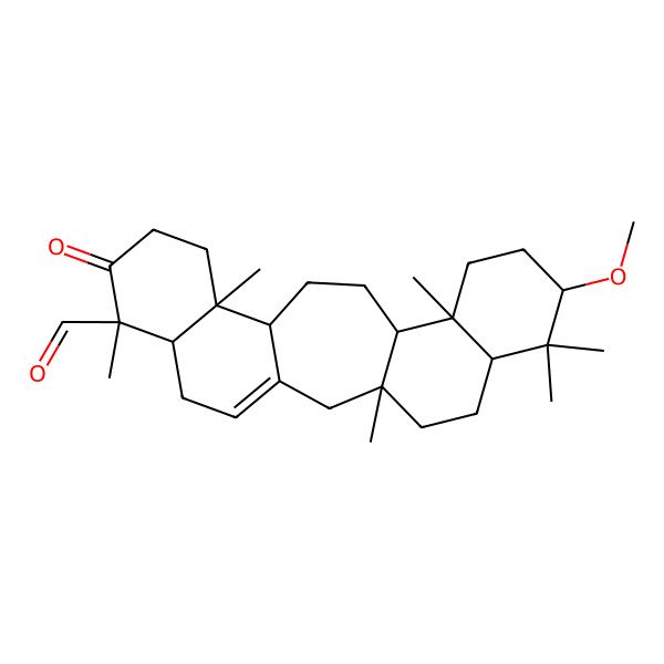 2D Structure of (1S,6R,7S,11R,12S,15S,16R,19S,21R)-19-methoxy-1,7,11,16,20,20-hexamethyl-8-oxopentacyclo[13.8.0.03,12.06,11.016,21]tricos-3-ene-7-carbaldehyde