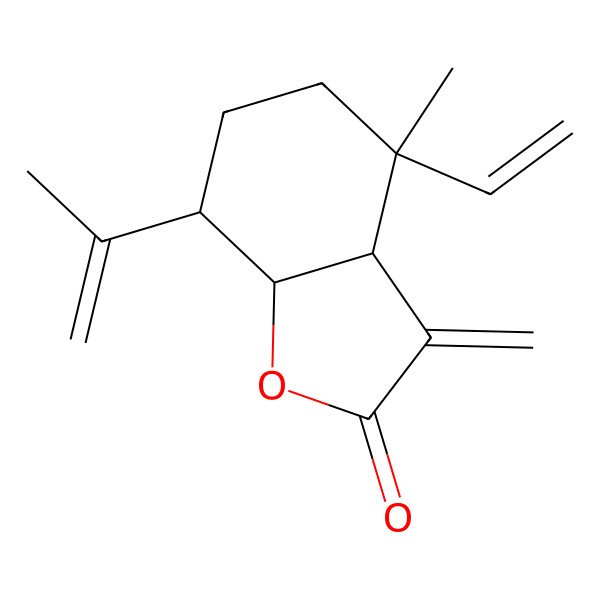 2D Structure of (3aR,4R,7S,7aR)-4-ethenyl-4-methyl-3-methylidene-7-prop-1-en-2-yl-5,6,7,7a-tetrahydro-3aH-1-benzofuran-2-one 2D Structure of (3aR,4R,7S,7aR)-4-ethenyl-4-methyl-3-methylidene-7-prop-1-en-2-yl-5,6,7,7a-tetrahydro-3aH-1-benzofuran-2-one