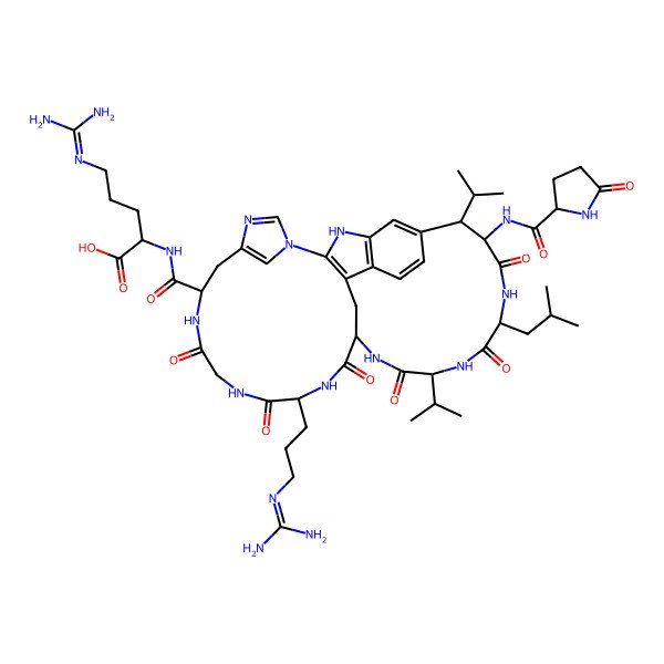 2D Structure of (2S)-5-(diaminomethylideneamino)-2-[[(8R,9S,12S,15S,18S,21S,27R)-21-[3-(diaminomethylideneamino)propyl]-12-(2-methylpropyl)-10,13,16,19,22,25-hexaoxo-9-[[(2S)-5-oxopyrrolidine-2-carbonyl]amino]-8,15-di(propan-2-yl)-2,11,14,17,20,23,26,30,32-nonazapentacyclo[16.14.2.13,7.129,32.04,33]hexatriaconta-1(33),3,5,7(36),29(35),30-hexaene-27-carbonyl]amino]pentanoic acid