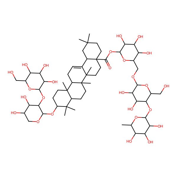 2D Structure of [(2S,3R,4S,5S,6R)-6-[[(2R,3R,4R,5S,6R)-3,4-dihydroxy-6-(hydroxymethyl)-5-[(2S,3R,4R,5R,6S)-3,4,5-trihydroxy-6-methyloxan-2-yl]oxyoxan-2-yl]oxymethyl]-3,4,5-trihydroxyoxan-2-yl] (4aS,6aR,6aS,6bR,8aR,10S,12aR,14bS)-10-[(2S,3S,4R,5R)-4,5-dihydroxy-3-[(2S,3R,4S,5S,6R)-3,4,5-trihydroxy-6-(hydroxymethyl)oxan-2-yl]oxyoxan-2-yl]oxy-2,2,6a,6b,9,9,12a-heptamethyl-1,3,4,5,6,6a,7,8,8a,10,11,12,13,14b-tetradecahydropicene-4a-carboxylate