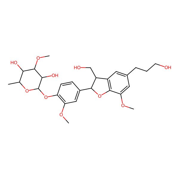 2D Structure of (2S,3R,4R,5S,6S)-2-[4-[(2R,3S)-3-(hydroxymethyl)-5-(3-hydroxypropyl)-7-methoxy-2,3-dihydro-1-benzofuran-2-yl]-2-methoxyphenoxy]-4-methoxy-6-methyloxane-3,5-diol
