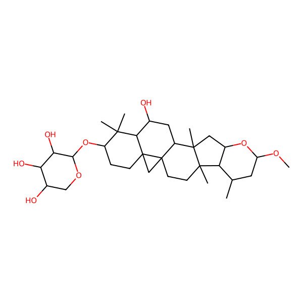2D Structure of (2S,3R,4S,5R)-2-[[(1S,4R,5R,6R,8R,10S,12S,13S,15S,16R,18S,21R)-15-hydroxy-8-methoxy-4,6,12,17,17-pentamethyl-9-oxahexacyclo[11.9.0.01,21.04,12.05,10.016,21]docosan-18-yl]oxy]oxane-3,4,5-triol