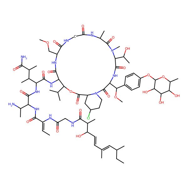 2D Structure of (2R,3S,4S)-4-[[(2S,3S)-3-amino-2-[[(Z)-2-[[2-[(3-hydroxy-2,6,8-trimethyldeca-4,6-dienoyl)amino]acetyl]amino]but-2-enoyl]amino]butanoyl]amino]-N'-[(3R,6S,9S,15R,18R,19R,22S,24S)-24-chloro-6-[(1R)-1-hydroxyethyl]-15-(methoxymethyl)-3-[(R)-methoxy-[4-[(2S,3R,4R,5R,6S)-3,4,5-trihydroxy-6-methyloxan-2-yl]oxyphenyl]methyl]-7,9-dimethyl-2,5,8,11,14,17,21-heptaoxo-19-propan-2-yl-20-oxa-1,4,7,10,13,16-hexazabicyclo[20.4.0]hexacosan-18-yl]-2,3-dimethylpentanediamide