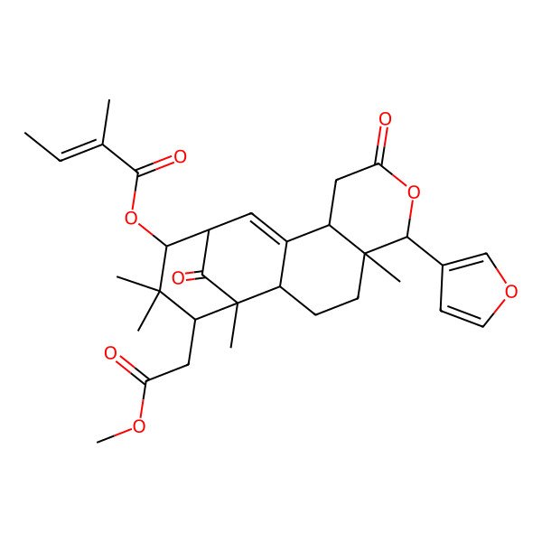 2D Structure of [(1R,2R,5R,6R,10S,13S,14R,16S)-6-(furan-3-yl)-16-(2-methoxy-2-oxoethyl)-1,5,15,15-tetramethyl-8,17-dioxo-7-oxatetracyclo[11.3.1.02,11.05,10]heptadec-11-en-14-yl] (E)-2-methylbut-2-enoate
