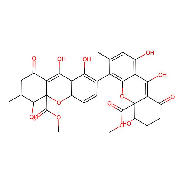 2D Structure of methyl 4,8,9-trihydroxy-6-methyl-1-oxo-5-(1,5,9-trihydroxy-10a-methoxycarbonyl-6-methyl-8-oxo-6,7-dihydro-5H-xanthen-2-yl)-3,4-dihydro-2H-xanthene-4a-carboxylate