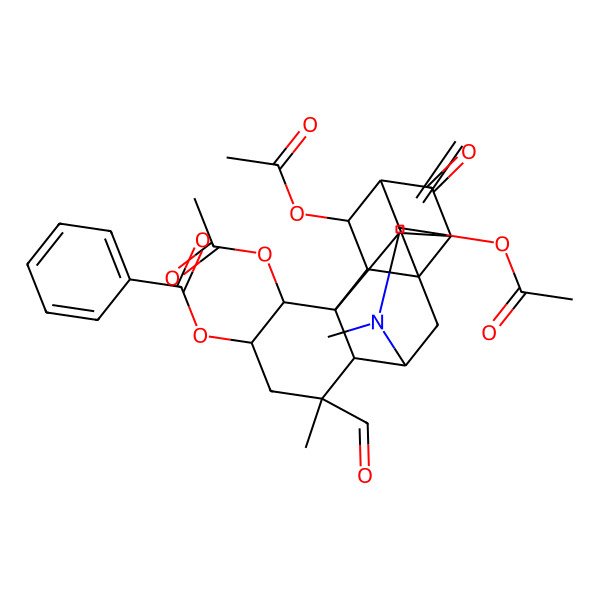2D Structure of [(1S,2R,3R,4S,5S,7R,8R,9S,11R,12S,14R,16R,18S)-4,16,18-triacetyloxy-7-formyl-7,10-dimethyl-15-methylidene-13-oxo-10-azahexacyclo[7.7.1.12,14.01,12.03,8.03,11]octadecan-5-yl] benzoate