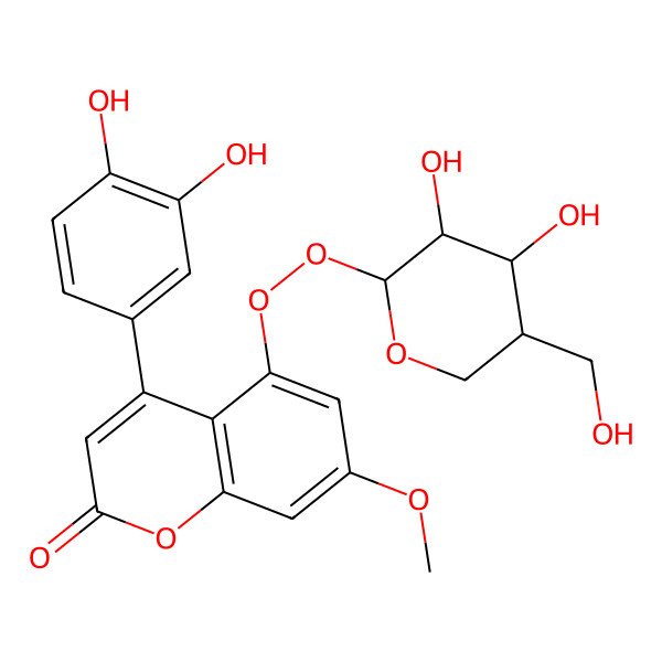 2D Structure of 5-[(2R,3R,4S,5S)-3,4-dihydroxy-5-(hydroxymethyl)oxan-2-yl]peroxy-4-(3,4-dihydroxyphenyl)-7-methoxychromen-2-one