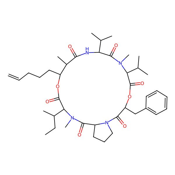 2D Structure of 3-Benzyl-16-butan-2-yl-7,12,17-trimethyl-13-pent-4-enyl-6,9-di(propan-2-yl)-4,14-dioxa-1,7,10,17-tetrazabicyclo[17.3.0]docosane-2,5,8,11,15,18-hexone