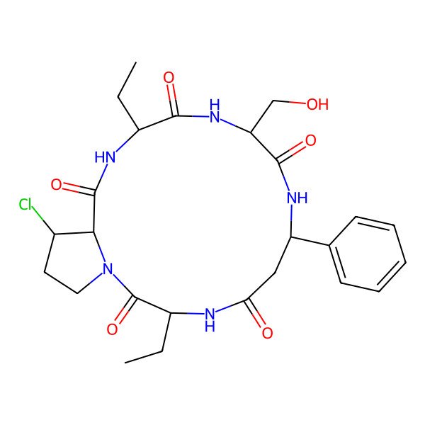 2D Structure of 17-Chloro-3,13-diethyl-10-(hydroxymethyl)-7-phenyl-1,4,8,11,14-pentazabicyclo[14.3.0]nonadecane-2,5,9,12,15-pentone