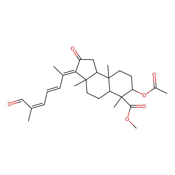 2D Structure of methyl (3E,3aS,5aR,6R,7R,9aR,9bR)-7-acetyloxy-3a,6,9a-trimethyl-3-[(3E,5E)-6-methyl-7-oxohepta-3,5-dien-2-ylidene]-2-oxo-1,4,5,5a,7,8,9,9b-octahydrocyclopenta[a]naphthalene-6-carboxylate