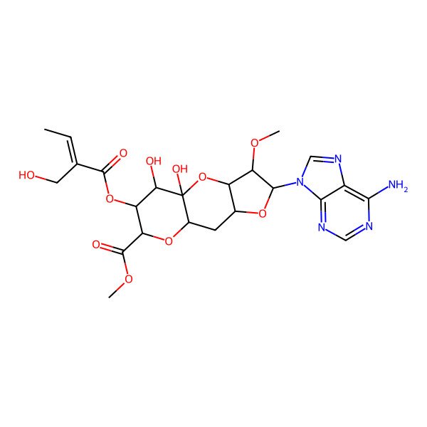 2D Structure of Methyl 5-(6-aminopurin-9-yl)-1,13-dihydroxy-12-[2-(hydroxymethyl)but-2-enoyloxy]-4-methoxy-2,6,10-trioxatricyclo[7.4.0.03,7]tridecane-11-carboxylate