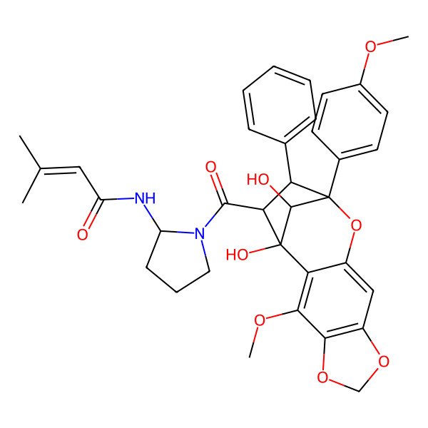2D Structure of N-[(2R)-1-[(1R,12R,13S,14R,15S)-1,15-dihydroxy-3-methoxy-12-(4-methoxyphenyl)-13-phenyl-5,7,11-trioxatetracyclo[10.2.1.02,10.04,8]pentadeca-2,4(8),9-triene-14-carbonyl]pyrrolidin-2-yl]-3-methylbut-2-enamide