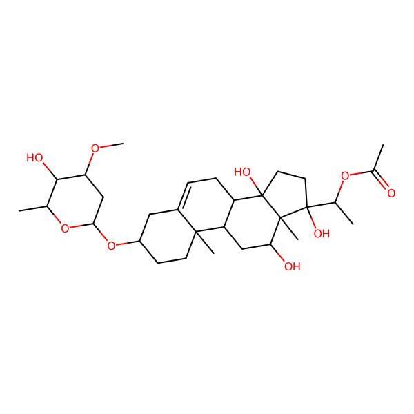 2D Structure of 1-[12,14,17-trihydroxy-3-(5-hydroxy-4-methoxy-6-methyloxan-2-yl)oxy-10,13-dimethyl-2,3,4,7,8,9,11,12,15,16-decahydro-1H-cyclopenta[a]phenanthren-17-yl]ethyl acetate