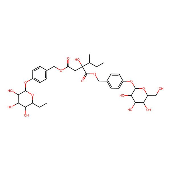 2D Structure of 4-O-[[4-(6-ethyl-3,4,5-trihydroxyoxan-2-yl)oxyphenyl]methyl] 1-O-[[4-[3,4,5-trihydroxy-6-(hydroxymethyl)oxan-2-yl]oxyphenyl]methyl] 2-butan-2-yl-2-hydroxybutanedioate