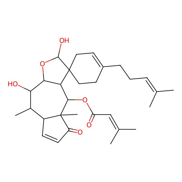 2D Structure of [(1R,2R,3aS,4R,5S,5aS,8aR,9S,9aR)-2,4-dihydroxy-5,8a-dimethyl-1'-(4-methylpent-3-enyl)-8-oxospiro[3a,4,5,5a,9,9a-hexahydro-2H-azuleno[6,5-b]furan-1,4'-cyclohexene]-9-yl] 3-methylbut-2-enoate