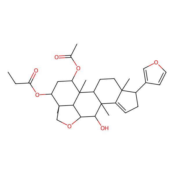2D Structure of [(1R,2R,5S,6R,10R,11S,12R,15R,16R,18S,19R)-18-acetyloxy-6-(furan-3-yl)-11-hydroxy-1,5,10,15-tetramethyl-13-oxapentacyclo[10.6.1.02,10.05,9.015,19]nonadec-8-en-16-yl] propanoate
