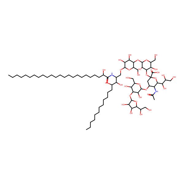 2D Structure of (2S,4S,5R,6R)-5-acetamido-4-[(2S,3R,4S,5S,6R)-4-[(2S,3R,4R,5S)-5-[(1S)-1,2-dihydroxyethyl]-3,4-dihydroxyoxolan-2-yl]oxy-3,5-dihydroxy-6-(hydroxymethyl)oxan-2-yl]oxy-2-[(2S,3R,4S,5S,6R)-2-[(2R,3S,4R,5R,6R)-6-[(2S,3S,4R)-3,4-dihydroxy-2-[[(2R)-2-hydroxytetracosanoyl]amino]hexadecoxy]-4,5-dihydroxy-2-(hydroxymethyl)oxan-3-yl]oxy-3,5-dihydroxy-6-(hydroxymethyl)oxan-4-yl]oxy-6-[(1R,2R)-1,2,3-trihydroxypropyl]oxane-2-carboxylic acid