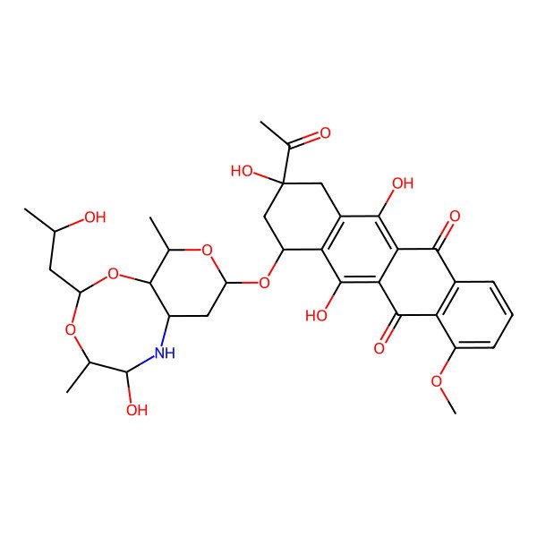 2D Structure of 9-acetyl-6,9,11-trihydroxy-7-[[5-hydroxy-2-(2-hydroxypropyl)-4,10-dimethyl-4,5,6,6a,7,8,10,10a-octahydropyrano[3,4-d][1,3,6]dioxazocin-8-yl]oxy]-4-methoxy-8,10-dihydro-7H-tetracene-5,12-dione
