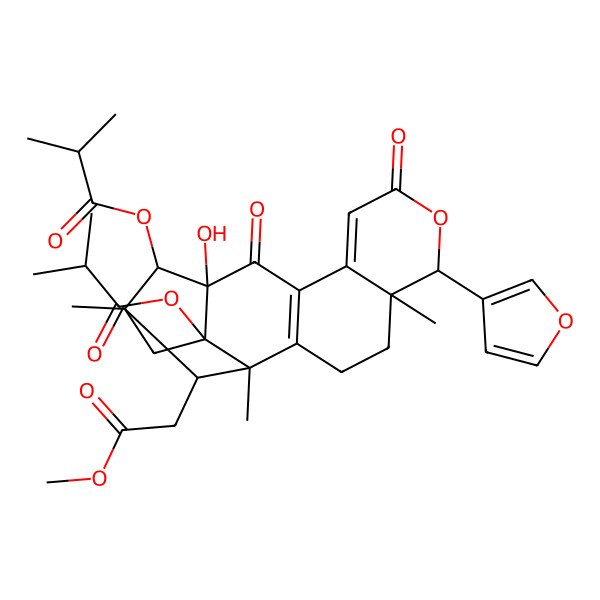 2D Structure of [(1S,5S,6S,13S,14R,17R,18S)-6-(furan-3-yl)-13-hydroxy-18-(2-methoxy-2-oxoethyl)-1,5,15-trimethyl-17-(2-methylpropanoyloxy)-8,12-dioxo-7-oxapentacyclo[13.2.1.02,11.05,10.013,17]octadeca-2(11),9-dien-14-yl] 2-methylpropanoate