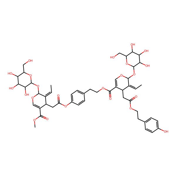 2D Structure of 2-[4-[2-[(2S,3E,4S)-3-ethylidene-5-methoxycarbonyl-2-[(2S,3R,4S,5S,6R)-3,4,5-trihydroxy-6-(hydroxymethyl)oxan-2-yl]oxy-4H-pyran-4-yl]acetyl]oxyphenyl]ethyl (4S,5E,6S)-5-ethylidene-4-[2-[2-(4-hydroxyphenyl)ethoxy]-2-oxoethyl]-6-[(2S,3R,4S,5S,6R)-3,4,5-trihydroxy-6-(hydroxymethyl)oxan-2-yl]oxy-4H-pyran-3-carboxylate