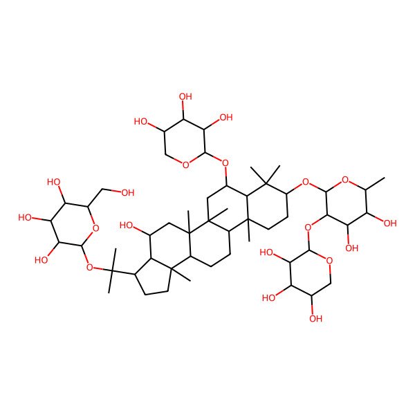 2D Structure of 2-[2-[9-[4,5-Dihydroxy-6-methyl-3-(3,4,5-trihydroxyoxan-2-yl)oxyoxan-2-yl]oxy-4-hydroxy-5a,5b,8,8,11a,13b-hexamethyl-7-(3,4,5-trihydroxyoxan-2-yl)oxy-1,2,3,3a,4,5,6,7,7a,9,10,11,11b,12,13,13a-hexadecahydrocyclopenta[a]chrysen-3-yl]propan-2-yloxy]-6-(hydroxymethyl)oxane-3,4,5-triol