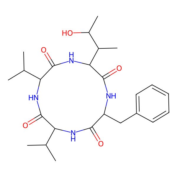 2D Structure of (3S,6S,9S,12S)-3-benzyl-6-((2S,3R)-3-hydroxybutan-2-yl)-9,12-diisopropyl-1,4,7,10-tetraazacyclododecane-2,5,8,11-tetraone