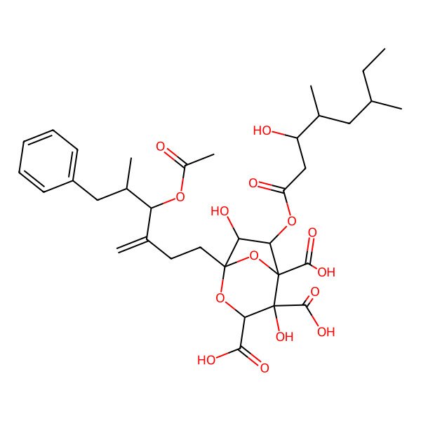 2D Structure of 1-(4-Acetyloxy-5-methyl-3-methylidene-6-phenylhexyl)-4,7-dihydroxy-6-(3-hydroxy-4,6-dimethyloctanoyl)oxy-2,8-dioxabicyclo[3.2.1]octane-3,4,5-tricarboxylic acid